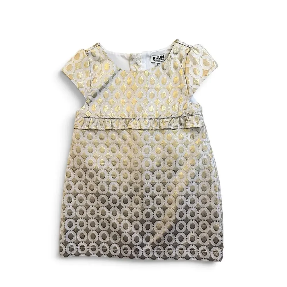 RUUM Girls Gold Metallic Jacquard Party Dress | Size 2Y